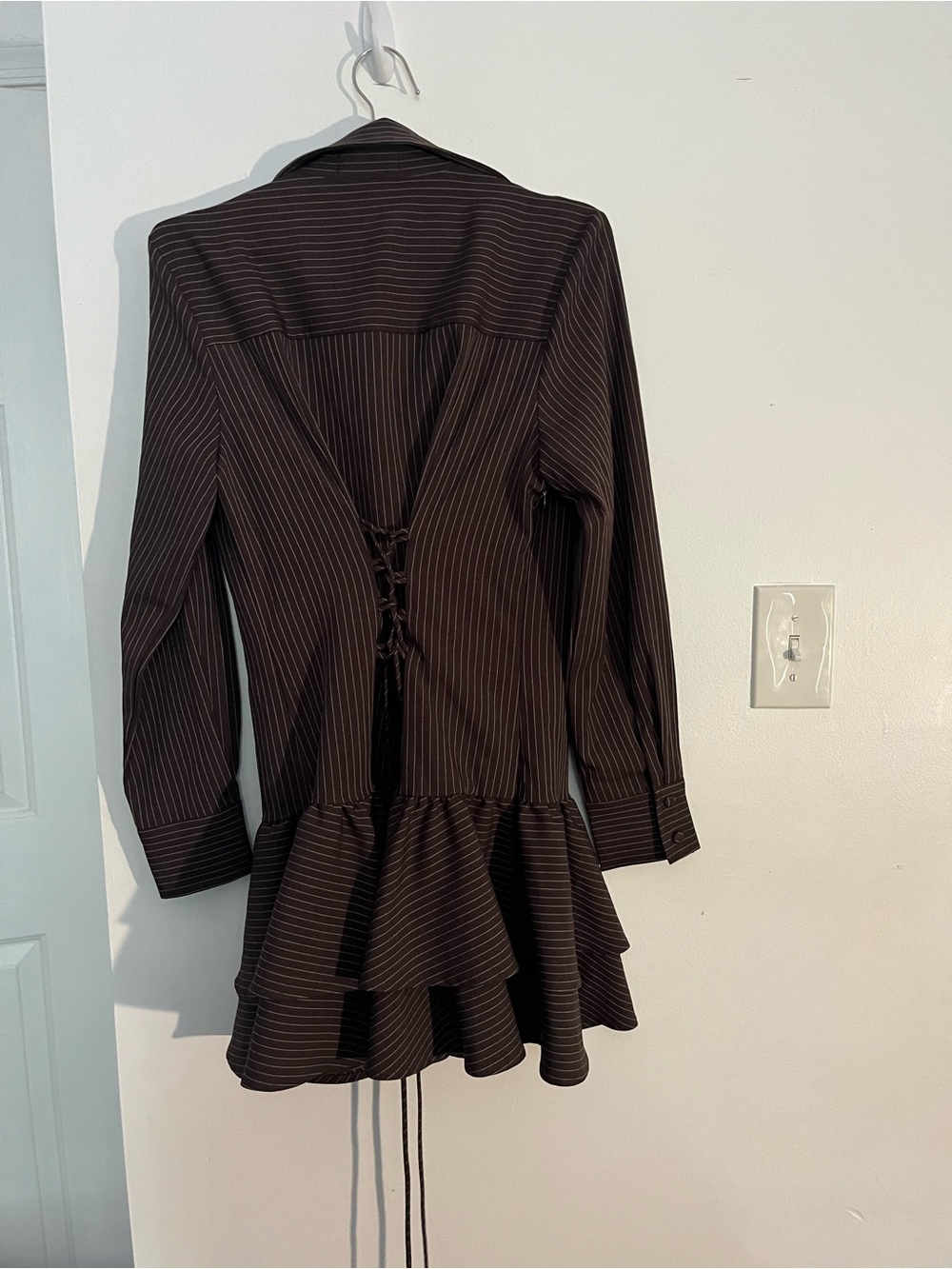 Cider Brown Pinstripe Tiered Long-Sleeve Shirt Dress - Picture 2 of 3